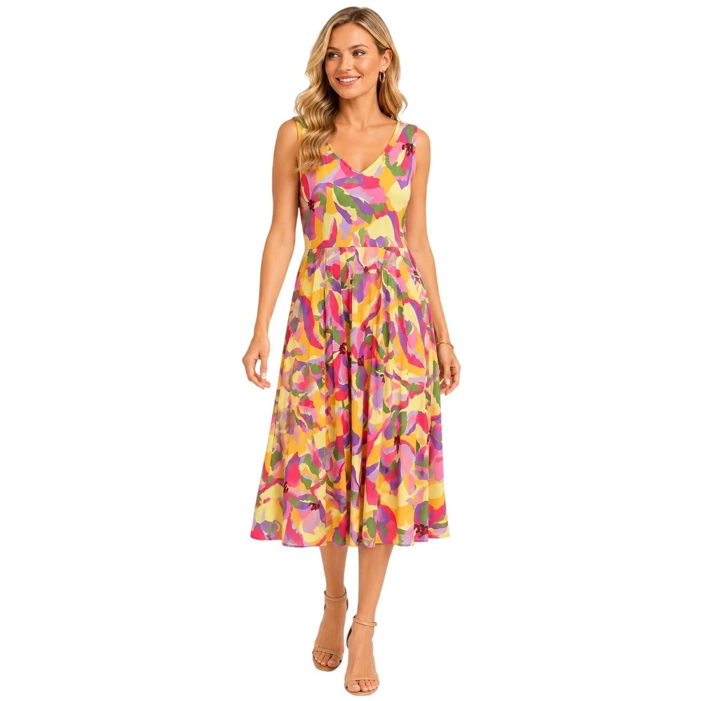 24Seven Women's Colorful Abstract Floral Print Sleeveless Midi Dress Size 2X NWT